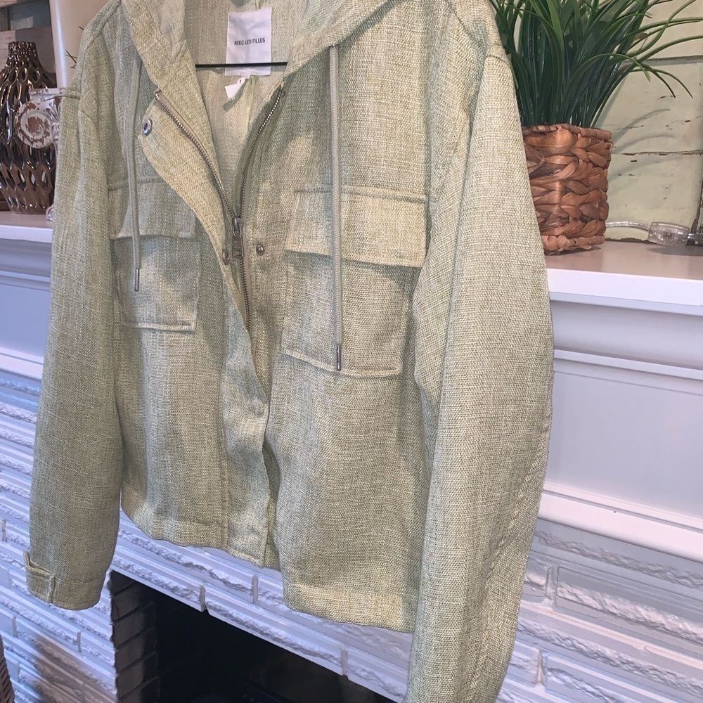 AVEC LES FILLES Green Knit Woven Zip Front Hooded Boxy Utility Jacket Size Large - Picture 3 of 6
